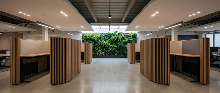 Panoramic view of a lavish open office with semi-enclosed luxury cubicles and curving timber baffles