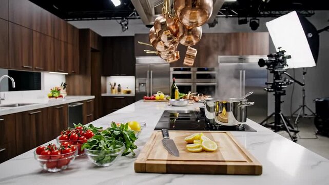 Modern studio kitchen set with island counter, fresh vegetables and cutting board, bright softbox lights and cameras create a professional cooking show mood