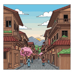 Stylized illustration of a traditional town street at dusk with people walking © Itachi