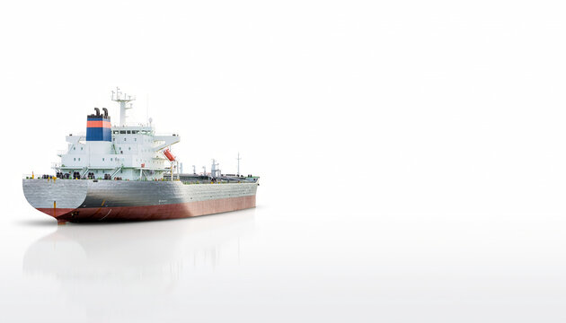 Ultra realistic oil tanker ship on white background with copy space for logistics industrial transportation international trade maritime shipping and global fuel delivery concept