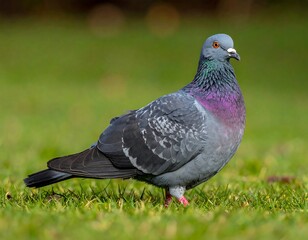 Obraz premium Close-up of a pigeon on green grass, brightly lit and in focus