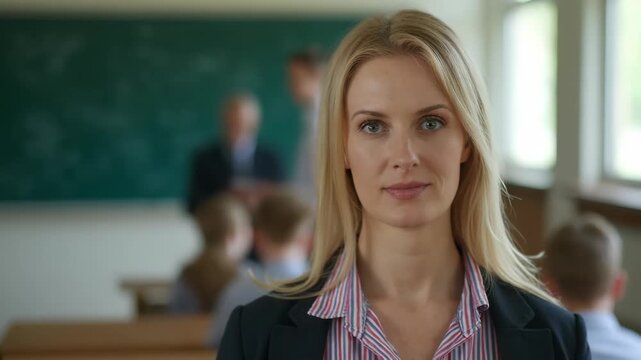 Portrait of confident and mature teacher in classroom at secondary school.