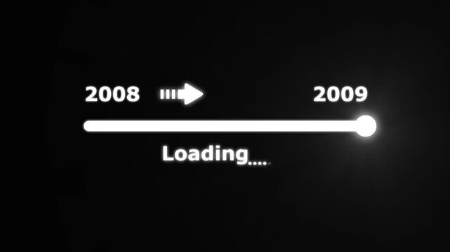 Futuristic white progress bar visually the transition from 2008 to 2009 with a bright slider and arrow on a black background. embodying future progress and technological advancement.