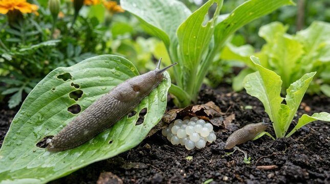 Close view of a brown slug on a green leaf beside a cluster of translucent eggs in moist garden soil, conveying a natural pest lifecycle in a backyard bed