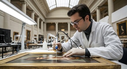 Art conservator carefully restoring antique painting with delicate tools in museum workshop environment under bright lighting