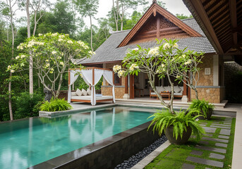 Fototapeta premium Luxurious outdoor living space with pool and tropical garden