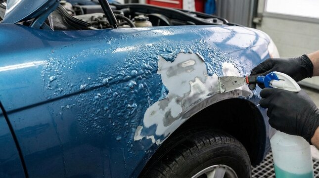 Close view of a blue car fender being repaired with sanding and filler while a technician sprays cleaner in an auto body shop, practical and focused mood