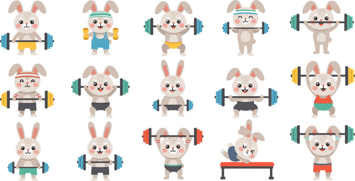 Cute Fitness Bunny Cartoon Vector Set with Rabbits Lifting Weights, Gym Workout Exercises, and Adorable Animal Character Illustration