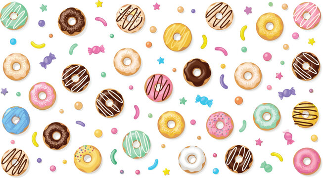 Colorful donut seamless pattern with glazed donuts sprinkles candy sweets and confetti, playful dessert background vector illustration