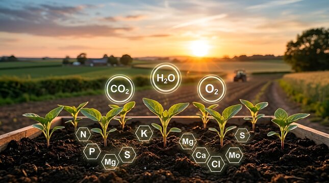Young seedlings growing in a field at sunset with water, air, and soil nutrient icons symbolizing sustainable agriculture and plant growth