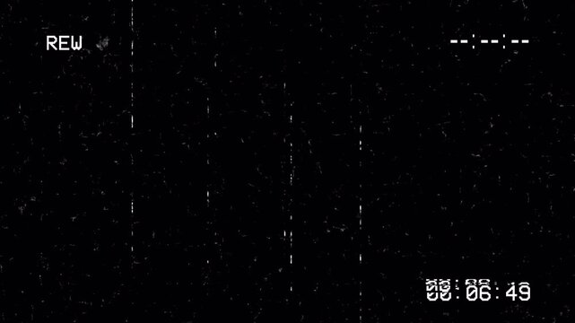 Retro VHS Rewind Screen Overlay with Static Glitch Noise Timecode and Analog Distortion Loop 4k video animation seamless loop