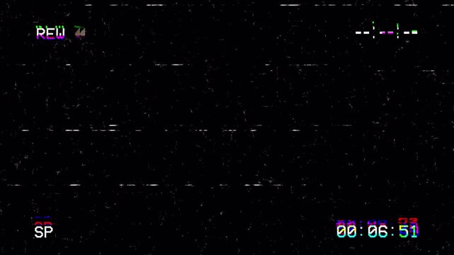 VHS Rewind Motion Graphic Overlay with Analog Static Glitch, Retro VCR Timecode, and Vintage Tape Distortion. 4K Seamless Loop for Video Editing 4k video animation seamless loop