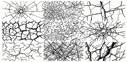 Obraz premium Collection of abstract cracks and fissures resembling shattered glass or dried earth, rendered in black and white line art style