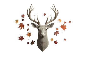 Fototapeta premium Low poly deer head with antlers and autumn maple leaves on transparent background, symbolizing nature and fall season