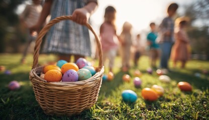 Fototapeta premium A vibrant Easter egg hunt scene with children playing in the background and a basket filled with colorful eggs in the foreground, set on a sunny grass field.