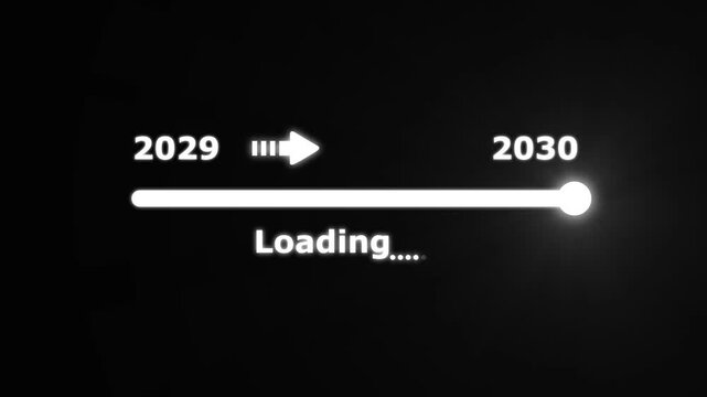 Futuristic white progress bar visually the transition from 2029 to 2030 with a bright slider and arrow on a black background. embodying future progress and technological advancement.