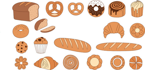 Bakery Bread and Pastry Collection with Loaf Bread, Pretzels, Donuts, Croissants, Muffins, Cookies and Sweet Buns Cartoon Vector Set
