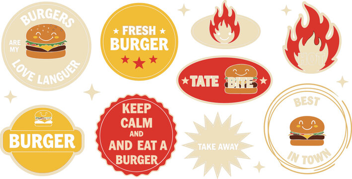 Vintage Burger Sticker Set with Catchy Slogans and Colorful Retro Labels for Fast Food Promotions and Designs Vector Illustration