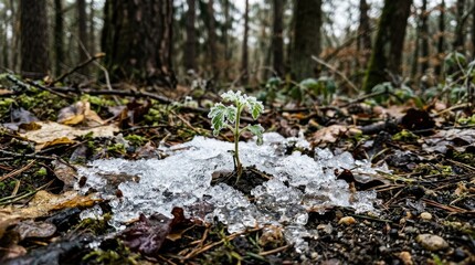 Obraz premium A small green sprout emerging from melting ice patches on the forest floor ground