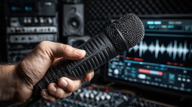 Close up of a hand holding a black microphone in a sound recording studio with audio waveform on computer screen and sound equipment in background