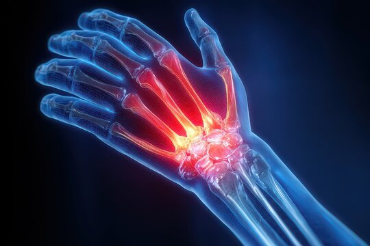 Close up of a glowing blue digital human hand skeleton with bright red inflammation highlighting the wrist and finger bones against a dark blurred background emphasizing pain and injury in a medical