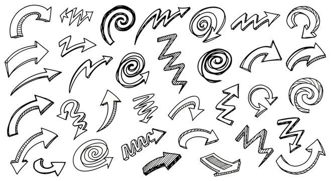 Collection of hand drawn arrow shapes doodles and swirls on transparent background silhouette
