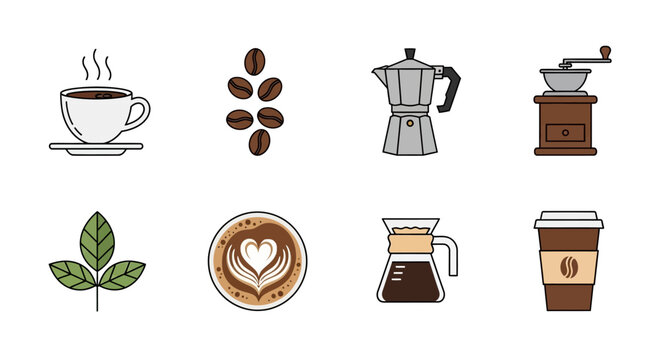 Coffee brewing equipment and beans colorful icons on transparent background silhouette