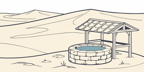 A well with a wooden roof in a desert landscape with sandy dunes and sparse vegetation © Mamun