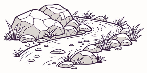 A black and white illustration of a rocky landscape with grass and stones © Mamun