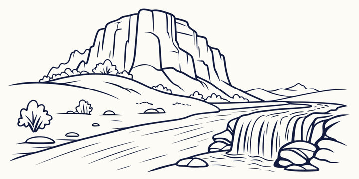 A serene landscape illustration featuring a majestic mountain and waterfall scene with a simple line drawing style