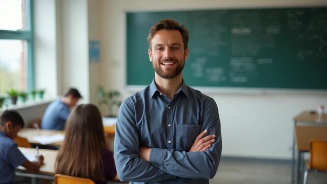 Portrait of confident and mature teacher in classroom at secondary school.