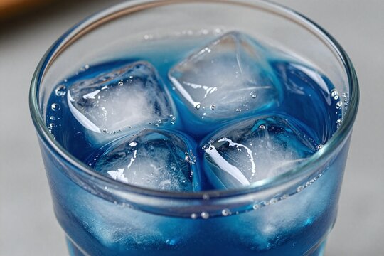 a close up of a blue drink with ice in it