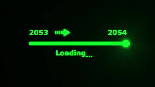 Futuristic white progress bar visually the transition from 2053 to 2054 with a bright slider and arrow on a black background. embodying future progress and technological advancement.