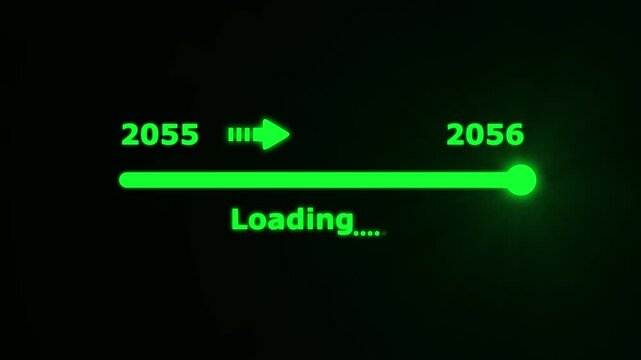 Futuristic white progress bar visually the transition from 2055 to 2056 with a bright slider and arrow on a black background. embodying future progress and technological advancement.