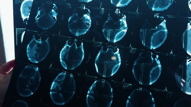 Medical technician closely examining a series of axial brain ct scans, focusing on detailed anatomical visualization for accurate neurological diagnostics and health assessment