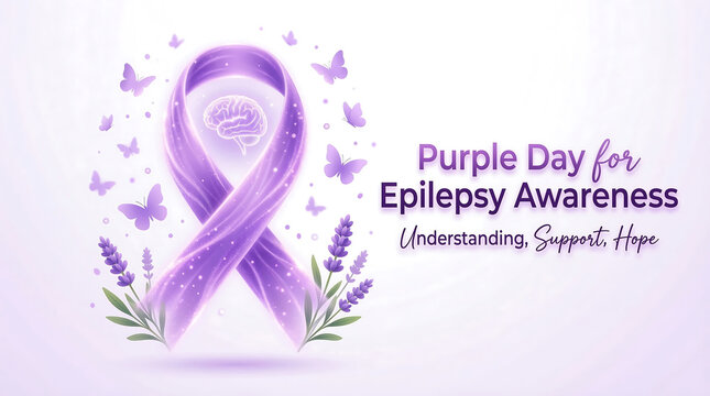 Purple day epilepsy awareness ribbon with lavender flowers and butterflies for support and understanding