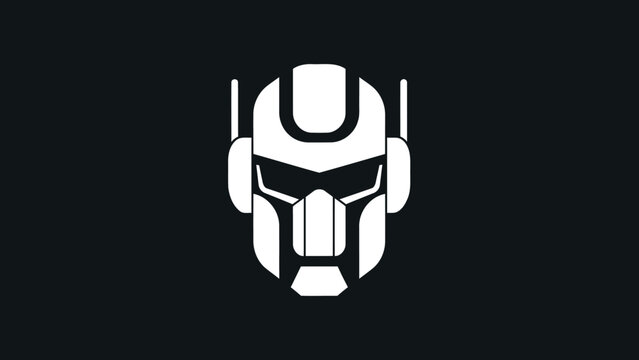 Stylized White Robot Head Icon on Black Background.