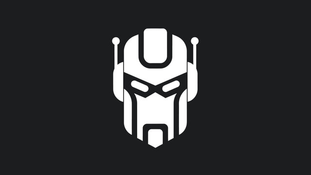 Stylized White Robot Head Icon on Black Background.
