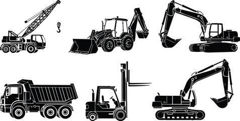 Construction machinery silhouette set featuring crane truck, backhoe loader, excavators, dump truck and forklift vehicles isolated on white background, heavy equipment vector illustration collection © Vector World