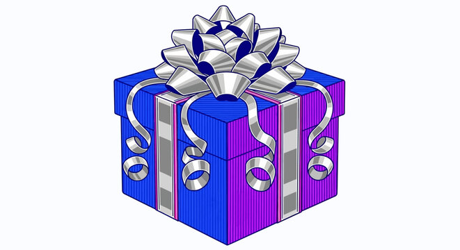 Elegant blue and purple striped gift box, featuring a stylish silver bow with gracefully coiled ribbons, isolated white background.