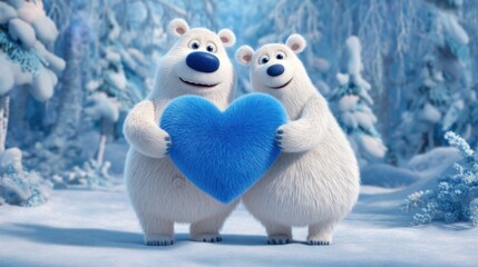 Adorable Animated Polar Bears Holding a Fluffy Blue Heart in a Winter Wonderland Scene Full of Snowy Trees and Soft Light