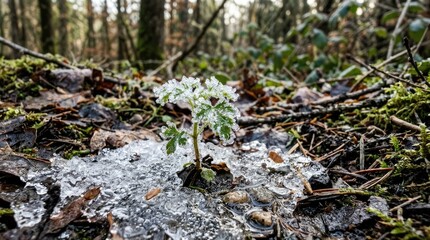 Obraz premium A small white flowering plant grows out of a patch of melting winter ice snow
