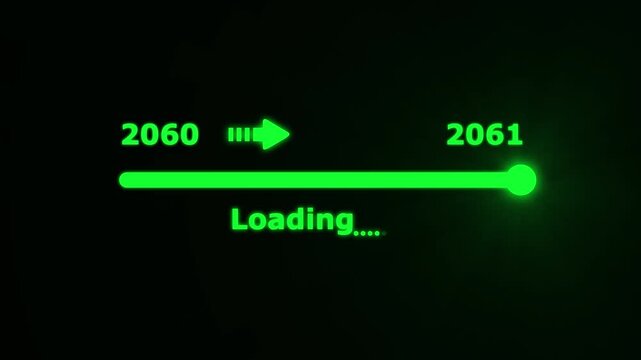 Futuristic white progress bar visually the transition from 2060 to 2061 with a bright slider and arrow on a black background. embodying future progress and technological advancement.