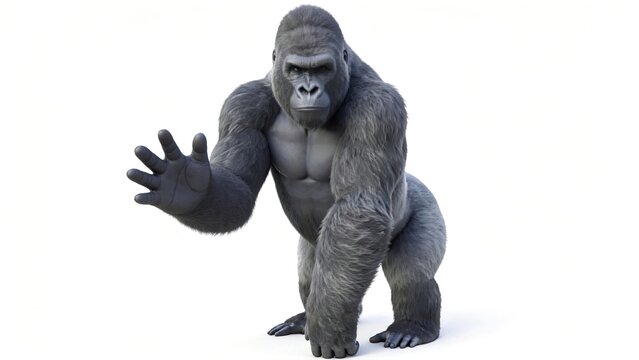 3D render of a realistic silverback gorilla standing on white background extending hand forward as if reaching or stopping isolated with clipping path high detail fur texture