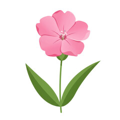 Stylized pink flower with five petals and two pointed green leaves isolated on white background