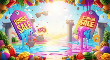 Summer Sale Banner with Tropical Fruits and Sunglasses