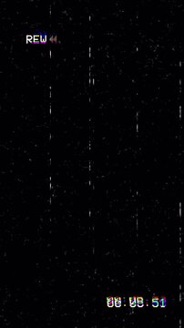 Retro VHS REW Rewind Screen with Analog Glitch, Static Noise, Timecode and Video Artifacts Overlay in 4K Motion Graphic Loop 4k video animation seamless loop
