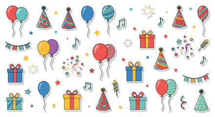 Colorful birthday decorations with balloons gifts and music silhouette on transparent background © Hridoy