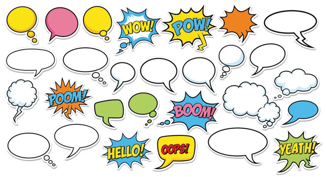Colorful comic book speech bubbles and explosions on transparent background silhouette
