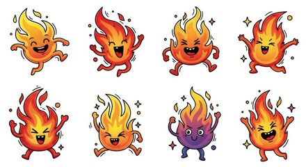 Colorful Cartoon Flame Characters with Expressions and Fun Designs